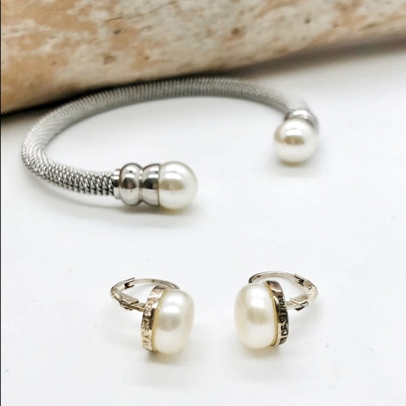 Vintage Silver Pearl Earrings & Mesh Cuff Bracelet 🤍 - Picture 2 of 10